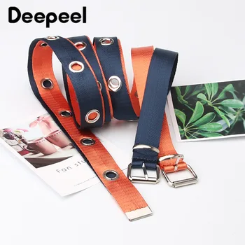 

Deepeel 2/4pcs 2.5*142cm Women Canvas Pin Buckle Belt Hollow Air Eye Decoration Wide Girdle Adjustable Casual Belt with Jeans