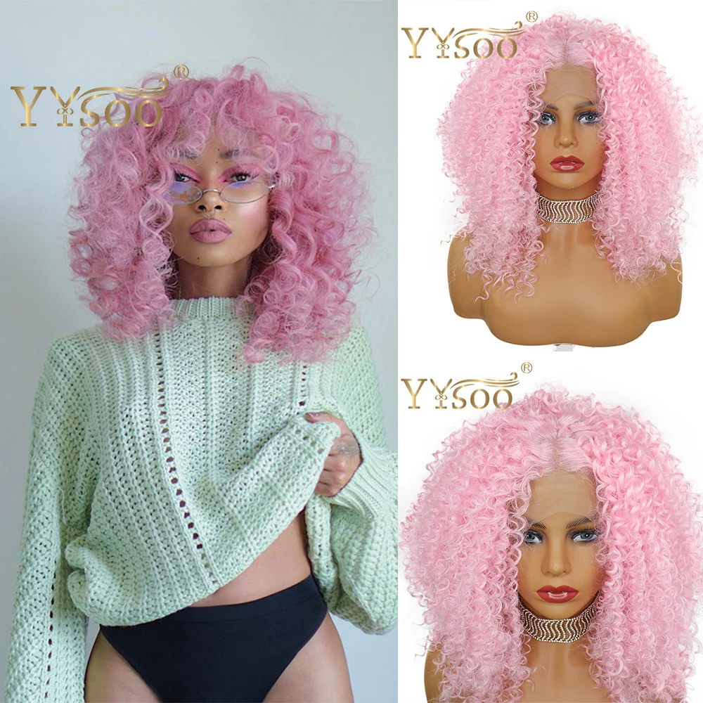 

YYsoo 13x4 Short Pink Kinky Curly Lace Front Wigs for Black Women Glueless Half Hand Tied Synthetic Curly Wigs High Density