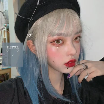 

TALANG 42 CM Lolita Party Sweet Gradient blue gray Ombre Long straight Hair Bangs Heat Resistant Synthetic Cosplay