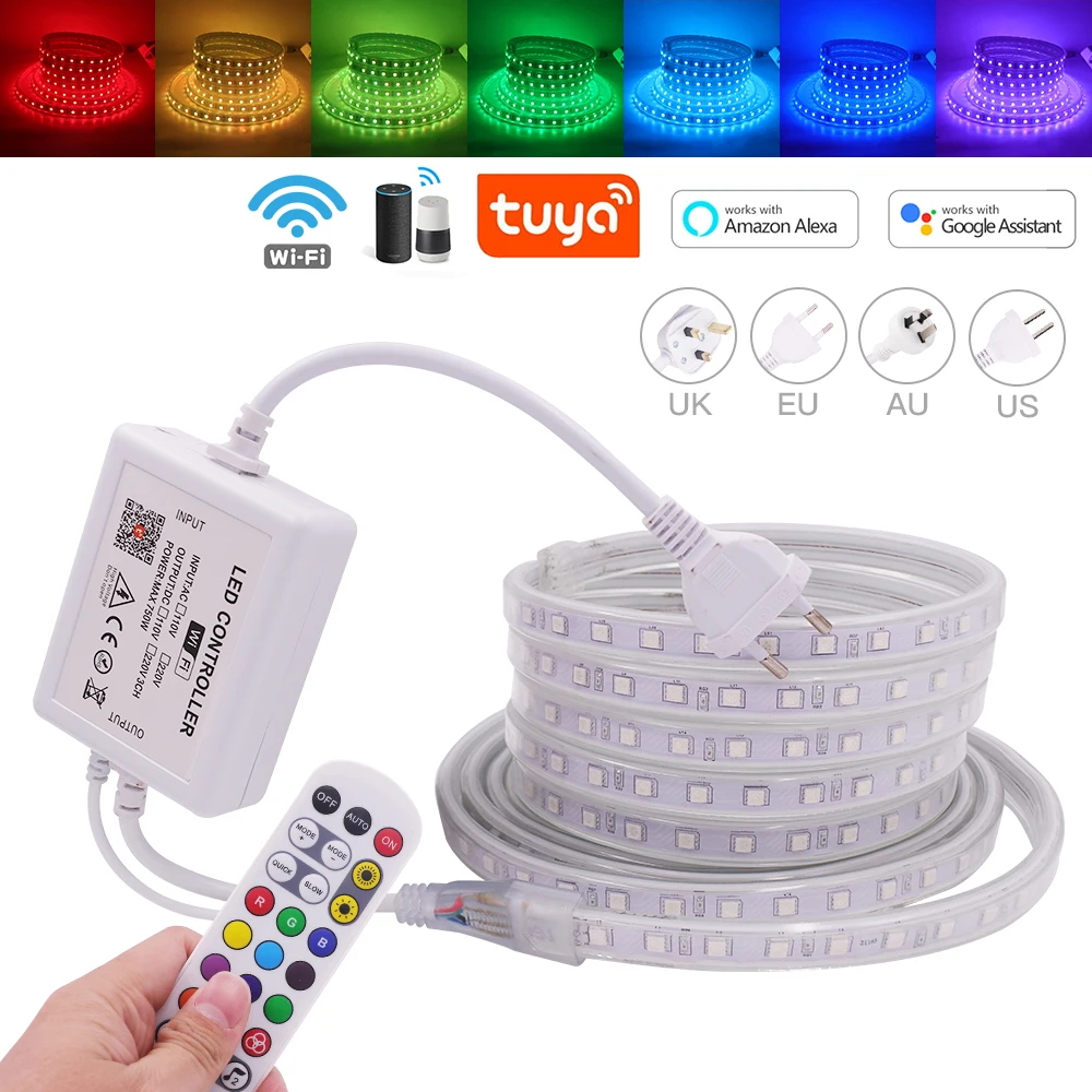 

Smart WiFi LED Strip EU 220V RGB LED Tape SMD5050 60Leds/m Waterproof Ribbon APP Compatible Remote Control Outdoor Lighting