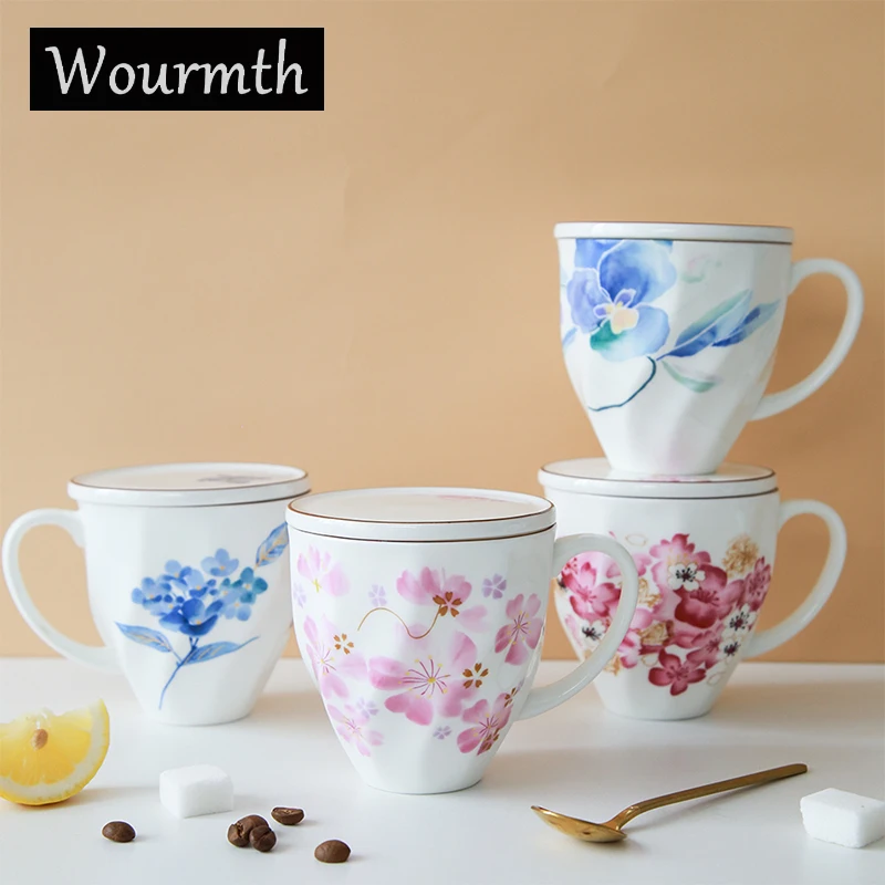 

Bone China Coffee Mugs Office Water Cup Milk Black Tea cups With Lid Pretty Flowers Ceramic British Drinkware Creative Gift