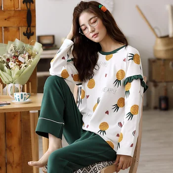 

Autumn Long sleeve M-5XL Women Pajama Set Cotton Sleepwear Pajamas Long-sleeve Plus Size Pyjamas Casual Sleepwear