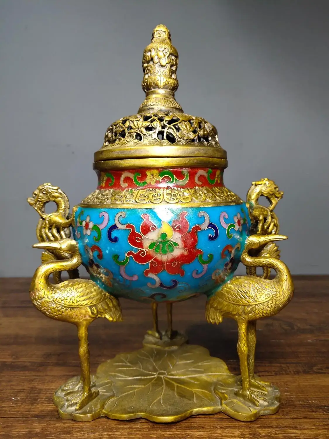 

10"Tibetan Temple Collection Old Bronze Cloisonne Three Cranes with Lotus Leaf Foot Chilong Double Ear Cover incense burner