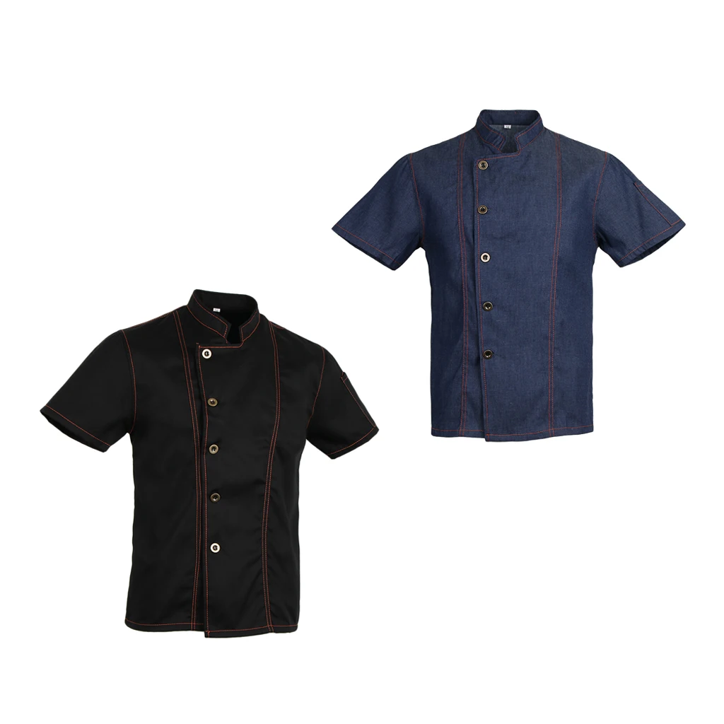 2pcs Unisex Denim Chef Jacket Coat Short Sleeves Shirts Food Service Kitchen Uniforms M