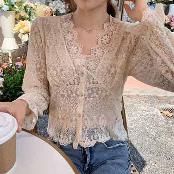 

2020 nian Autumn New Style Lace Tops Women Long Sleeve Commuting Elegant Blouse French V-neck Cardigan