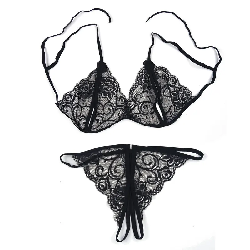 New 4 Pcs Set Women Sexy Underwear Lingerie Hot Erotic Open Bra Crotch Lace Costumes With Bow Garter Belt Fishnet_voghion.com