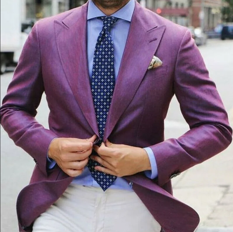 Новейший стиль полиэстер+ хлопок фиолетовый мужской костюм Блейзер на заказ крутой Свадебный вечерний смокинг с отворотом - Цвет: Фиолетовый