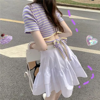 

Sexy Summer 2 Piece Mini Skirt Sets O Neck Striped Slim Top T Shirt&Ruffled Cake Dress Sets Two Pieces Girl Outfits Skirt Suits