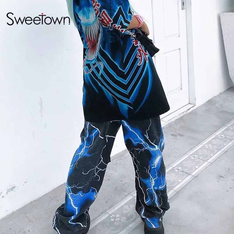 Sweetown/уличная одежда с принтом молнии; брюки-карго для женщин; повседневные женские брюки для бега с высокой талией; хиппи; мешковатые брюки; сезон осень-зима