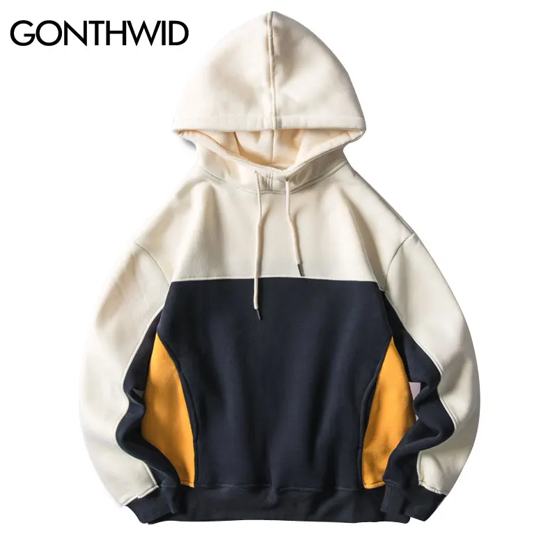 

GONTHWID Color Block Patchwork Turtleneck Fleece Hoodies Sweatshirts Men Harajuku Casual Pullover Hooded Tops Hip Hop Streetwear