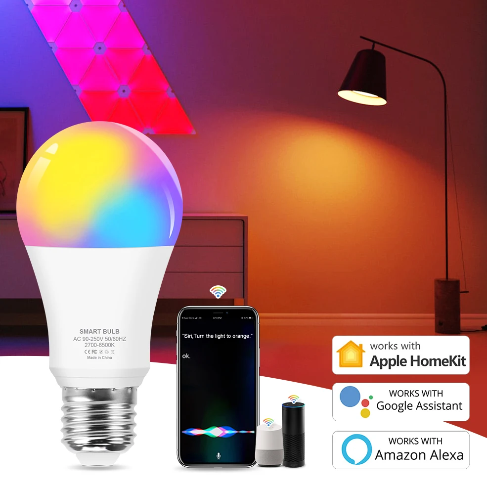 WiFi Smart Light Bulb E27 E26 LED Lamp RGB+Cold White+Warm White Work with HomeKit/Alexa/Google Home Voice Control RGB LED Bulb