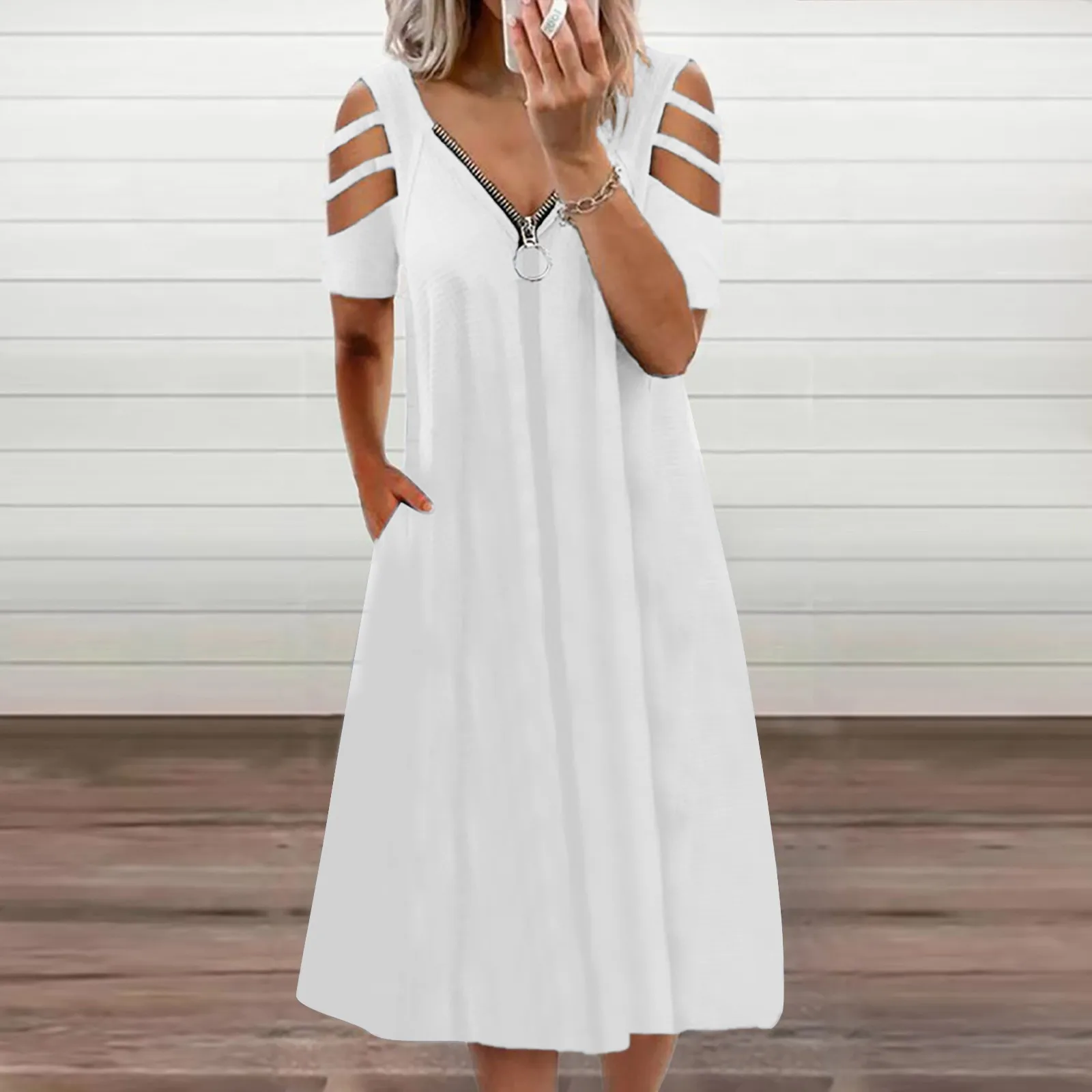 Women's Casual Fashion Solid Color Hollow Short Sleeve Zipper V-Neck Ladies Dress Fashion Summer Maxi Dress Printed Sundress 2