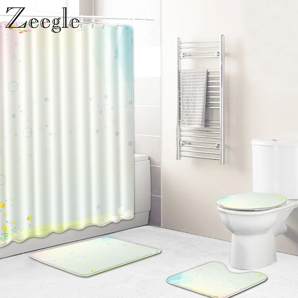 Zeegle 4Pcs Bath Mat Set Anti Slip Carpet Waterproof Shower Curtain Lid Toilet Cover Shower Room Doormat Modern Area Soft Rug