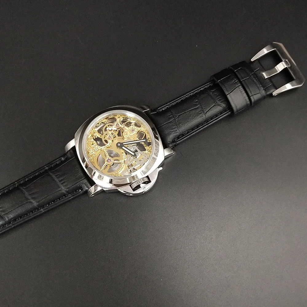 parnis luxury brand mechanical watch for the Men's waches men aaa 44mm fashion movement sterile dial black leather strap