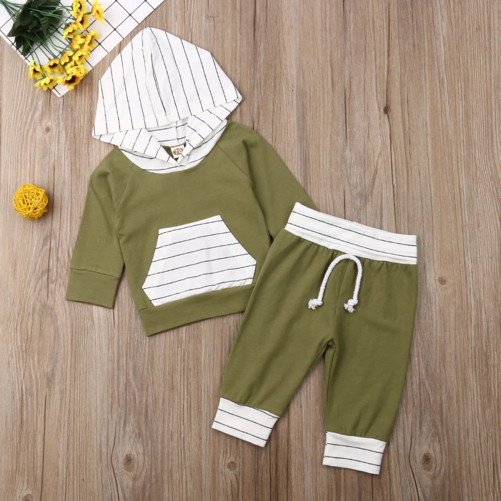 Осенне-зимняя одежда для маленьких мальчиков и девочек полосатая футболка с капюшоном Топ+ штаны, комплект одежды с длинными рукавами