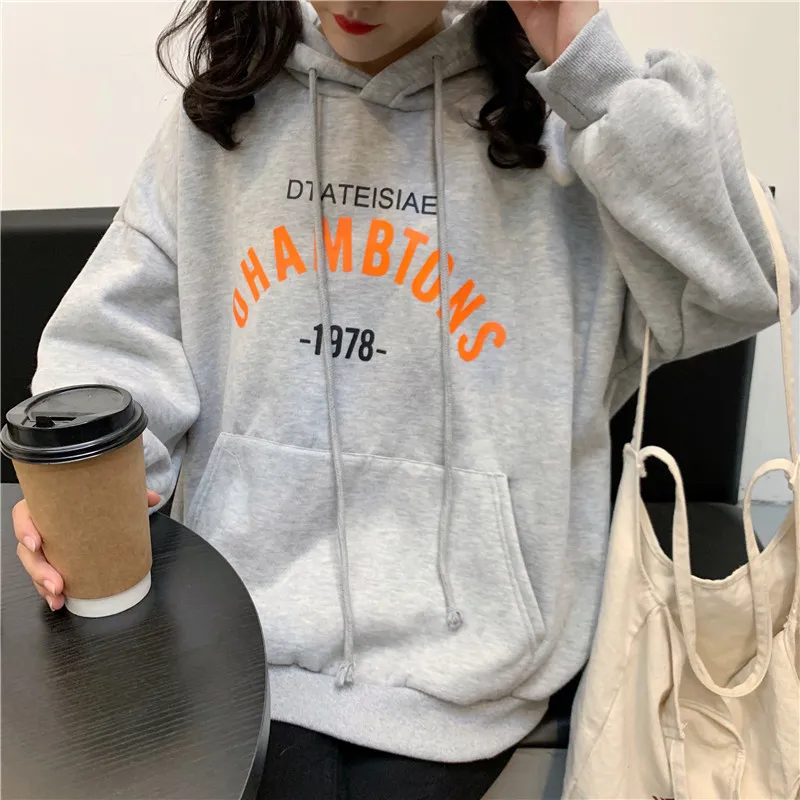 Толстовки женские плюс бархатные толстые пары BF Harajuku уличная негабаритная 2XL Студенческая с капюшоном с буквенным принтом Kpop Ulzzang Женский пуловер s
