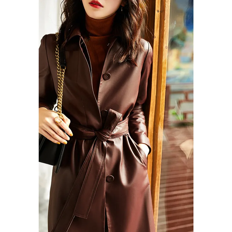 Women's Genuine Leather Coat Lace Up Sheepskin Jacket Long Trench Large Size Tops Spring And Autumn