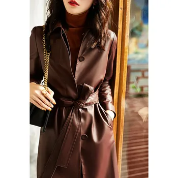 Women's Large Size Leather Coat Lace up Genuine Sheepskin Long Trench Jacket Top for Spring And Autumn