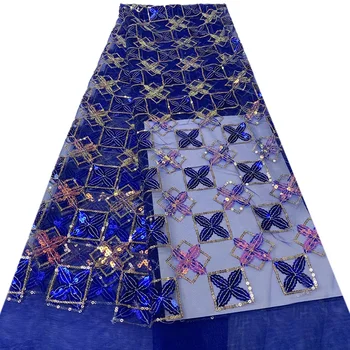 

French net lace fabric dresses fabric Four Leaf Clover and squares pattern with sequins wholesale price Tulle Lace Fabric