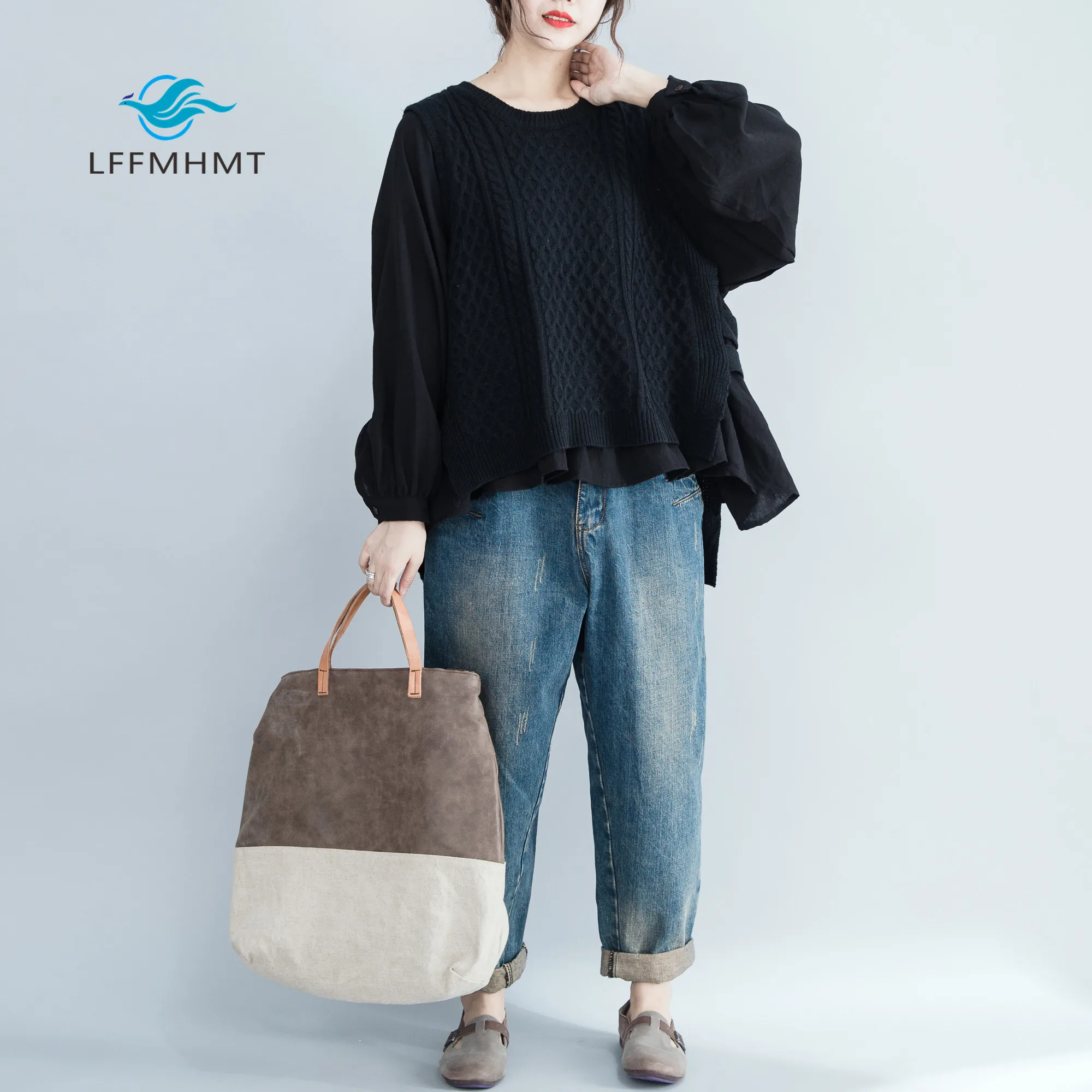 

Women Spring And Autumn Fashion Brand Korea Style Vintage Fake Two Pieces Patchwork Knitted Sweaters Female Casual Loose Sweater