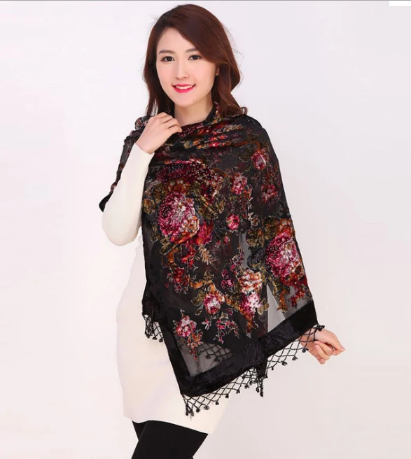 Silk Velvet Scarf Shawl Chinese National Women Rectangle Pashmina Poncho Handmade Beaded Flower Cape Mujeres Bufand 011207