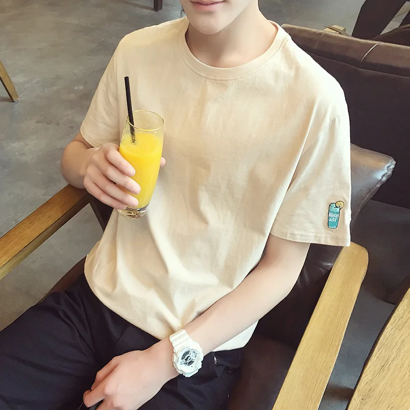 

Summer Wear Simple Short Sleeve T-shirt Men's Hipster Solid Color T-shirt Small Embroidered Short Tee Cartoon Versatile Casual T