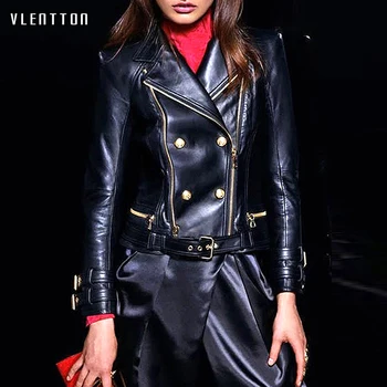 

2020 Spring Autumn With Sashes PU Faux Leather Jacket Women Zipper Metal Button Black Biker Jacket Coat Female Slim Outwear Tops