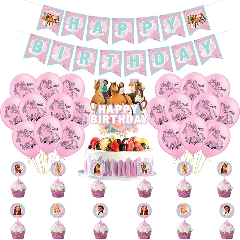Spirit Riding Party Supplies Horse Balloons Banner Cartoon Forest Animal Ballons Happy Birthday Cak Topper Decoration Toy | Дом и сад