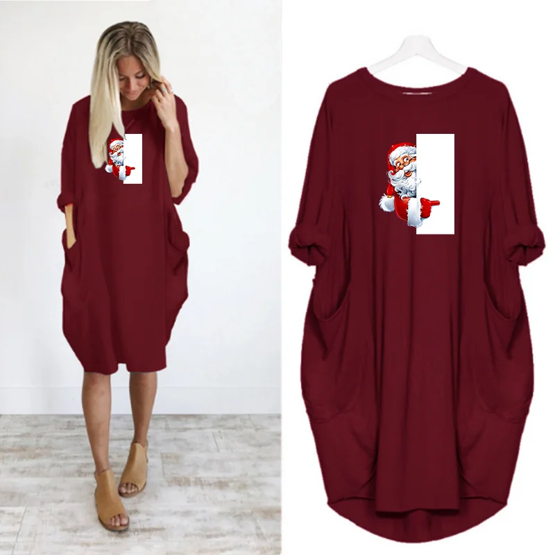 Navidad Women Dress Christmas Pocket Casual Loose Vintage Party Fall Clothes Santa Claus Kawaii Womens  Dresses