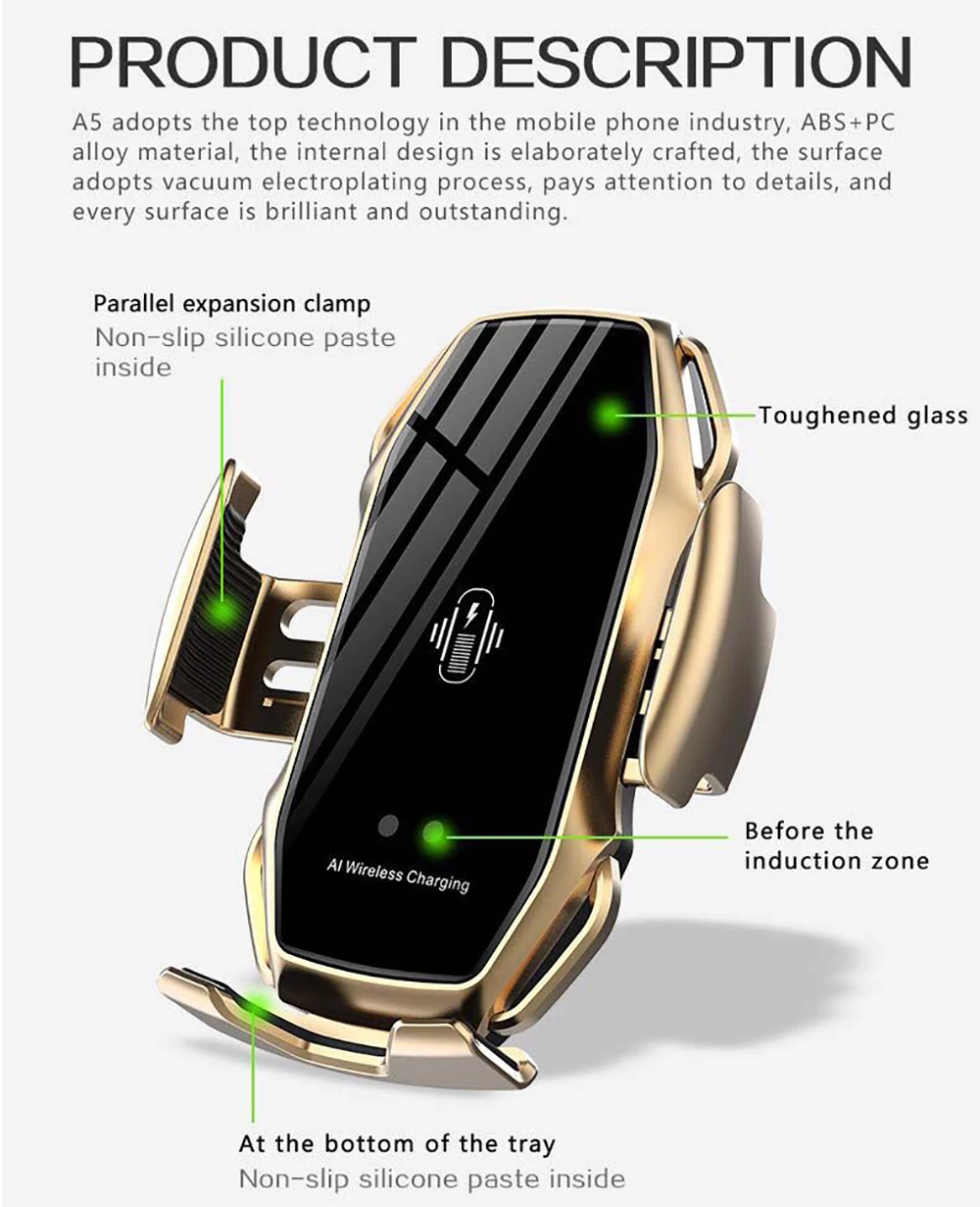 A5 10 Вт, беспроводное автомобильное зарядное устройство с автоматическим зажимом, держатель для быстрой зарядки телефона, автомобильный держатель для iPhone 11, huawei, samsung, смартфонов