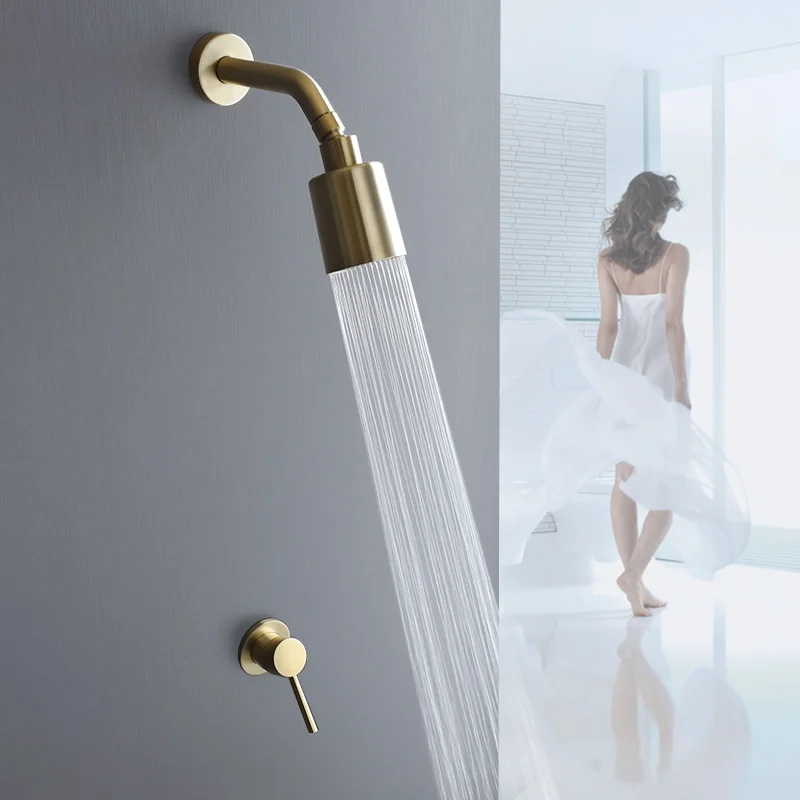 

Brushed Gold Fixed Rain Shower Mixer Taps Set Ceramic Black Wall Mount Top Shower Faucet Head Rainfall Brass Bathroom Shower Set