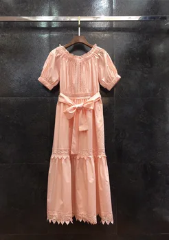 

2020 Earlier Spring New Model Elegant Cute Short Sleeve Puff O-neck Cotton Long Dress Two Color Available