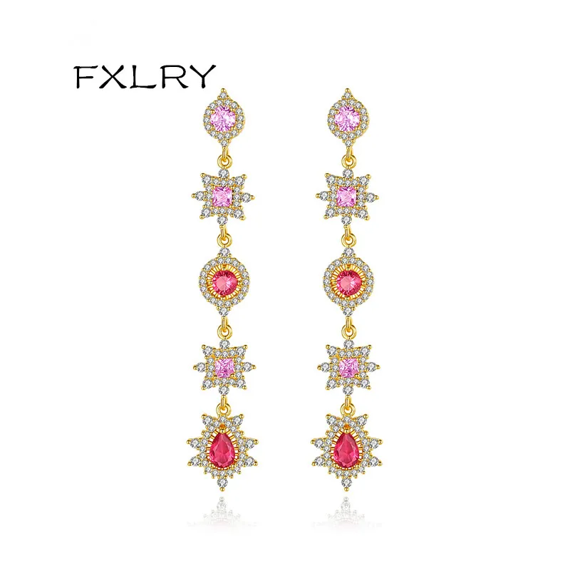 

FXLRY High-end White Color Cubic Zircon Geometric Long Tassel Earrings For Women Party Wedding Jewelry