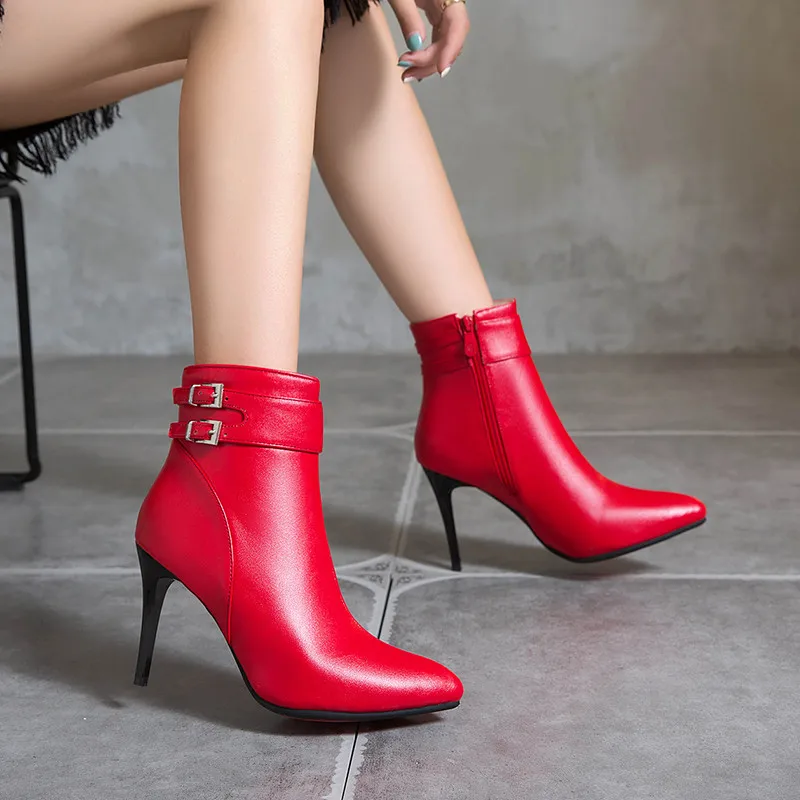 YQBTDL 2020 Autumn Winter Pointed Toe Sexy High Heel Boots Double Buckle Strap Yellow Black Red Ankle Stiletto Woman Shoes | Обувь