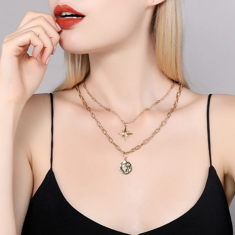 Download Stainless Steel Bohemian Multi Layered Necklace Women Vintage Portrait Coin Star Pendant Necklace Animal Jewelry Thick Necklace Shop The Nation