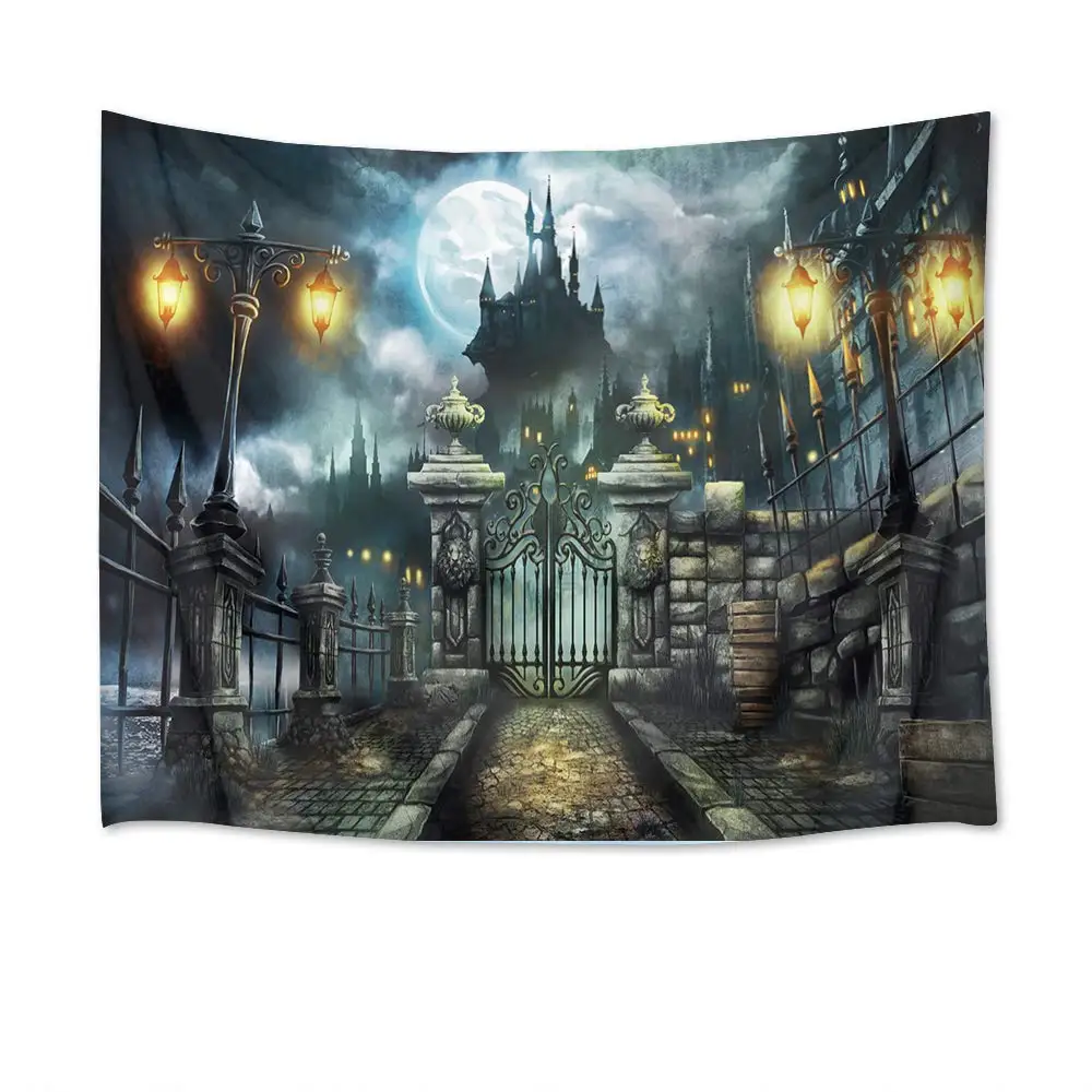

Castle Tapestry Haunted Building with Retro Gate Wall Hanging Full Moon in Night