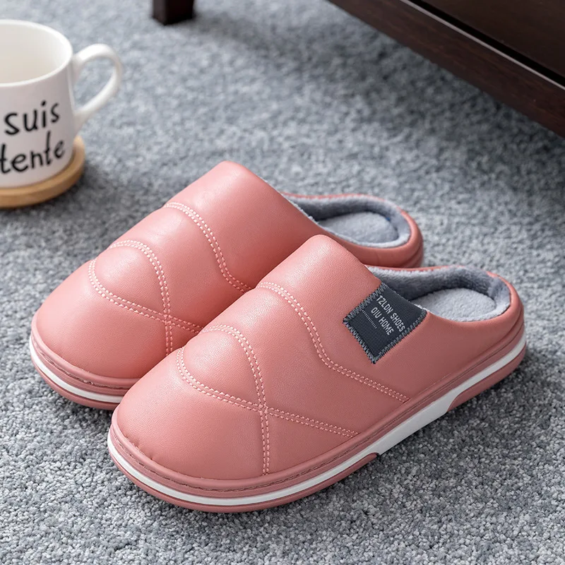 New Couple Women's Slippers Indoor Pu Leather Winter Fashion Thick-soled Waterproof Non-slip Warm Household Fur Men's Slippers