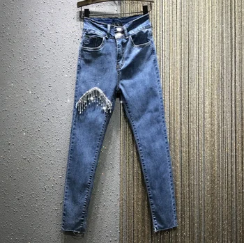 

Personality Rhinestone Fringed Jeans Women's 2020 Spring New High-Rise Skinny Stretch Cropped Pencil Pants Skinny Jeans Woman ==