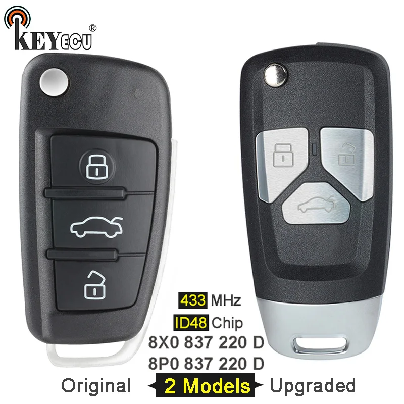 KEYECU 433 МГц ID48 P/N:8P0 837 220 D / 8X0 оригинальный/обновленный флип 3 кнопки дистанционного