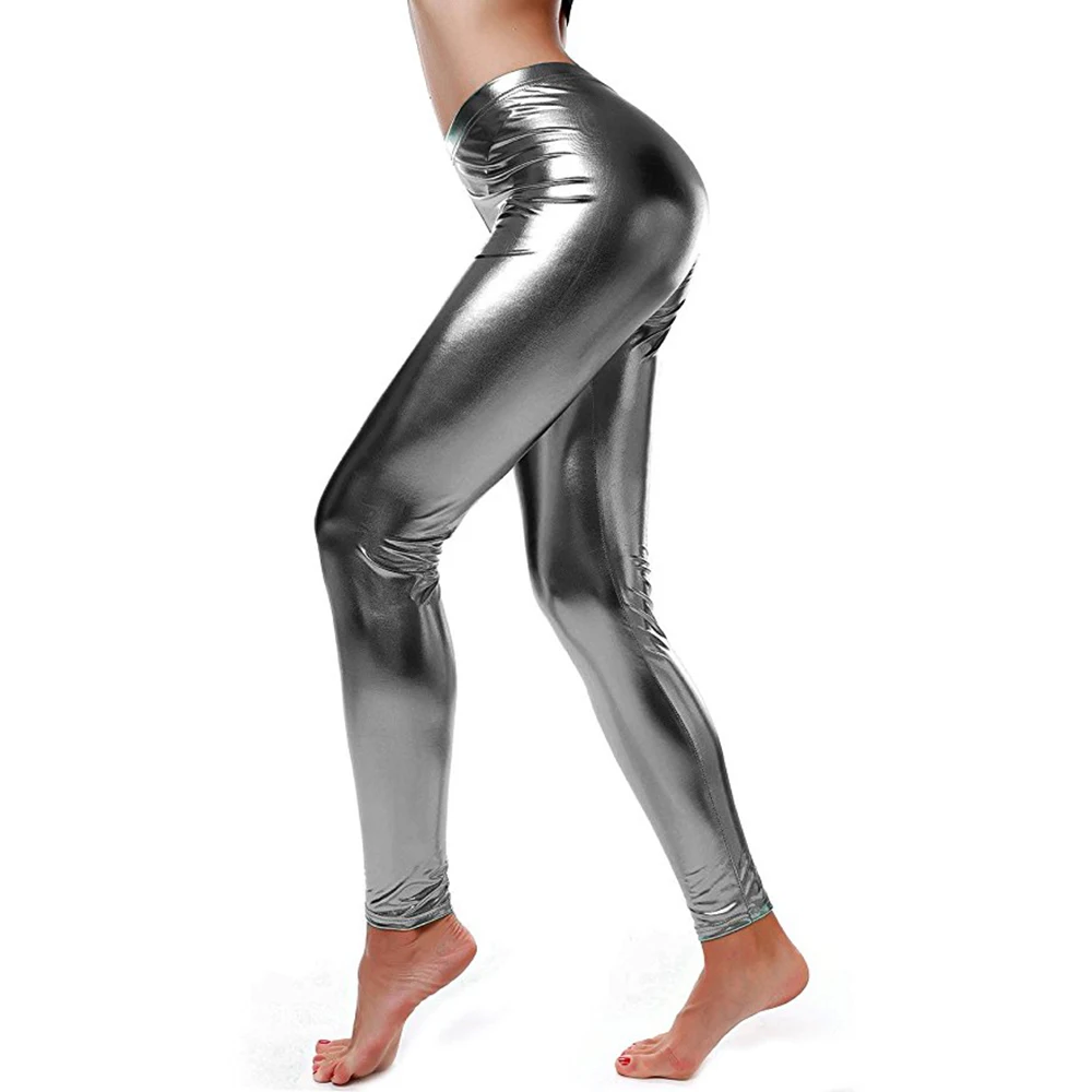 AOYLISEY Women Mid Elastic Thin Leggings Large Plus Size Imitation Faux Leather Pants Skinny Shiny Black Plus Legging Fitness