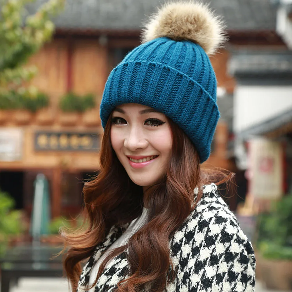 Autumn Winter Wool Blends Soft Warm Knitted Cap Female Head Wrap Cap Women Winter Fur Ball Warm Hat Crochet Knitted Wool Cap