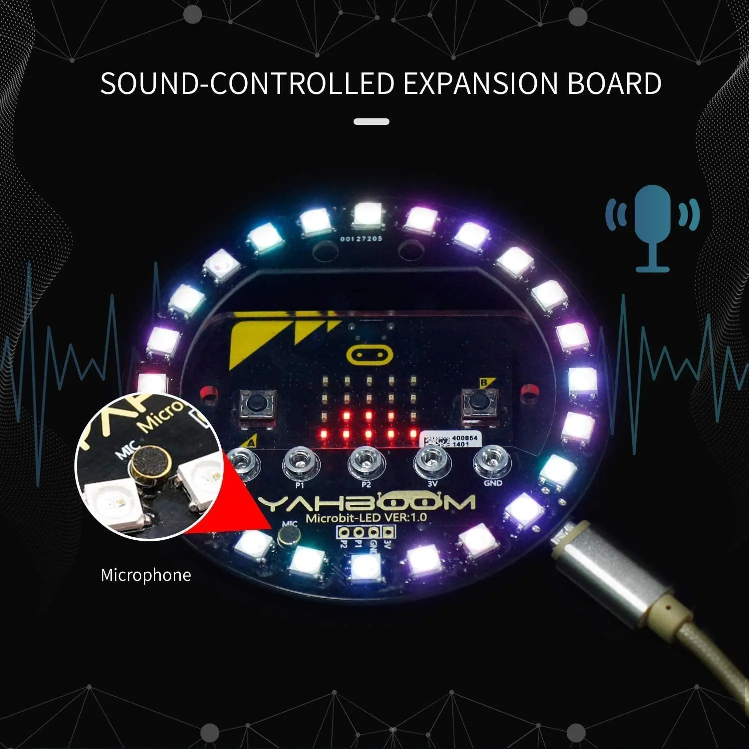 Módulo de anillo LED RGB de 24 bits, placa de expansión de programación, Control de voz y Kit de iniciación de Cable USB para BBC Microbit Micro: Bit V2