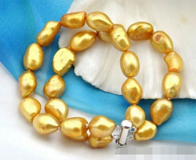 DYY 914+++ 2 нити " 11x16 мм барокко Золотой пресноводный жемчуг браслет