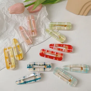 

2 Pcs/set New Acrylic Checkered Hairpins Waterdrop Rectangle Hair Clip Geometric Barrette Girls Duckbill Clip Hair Accessories
