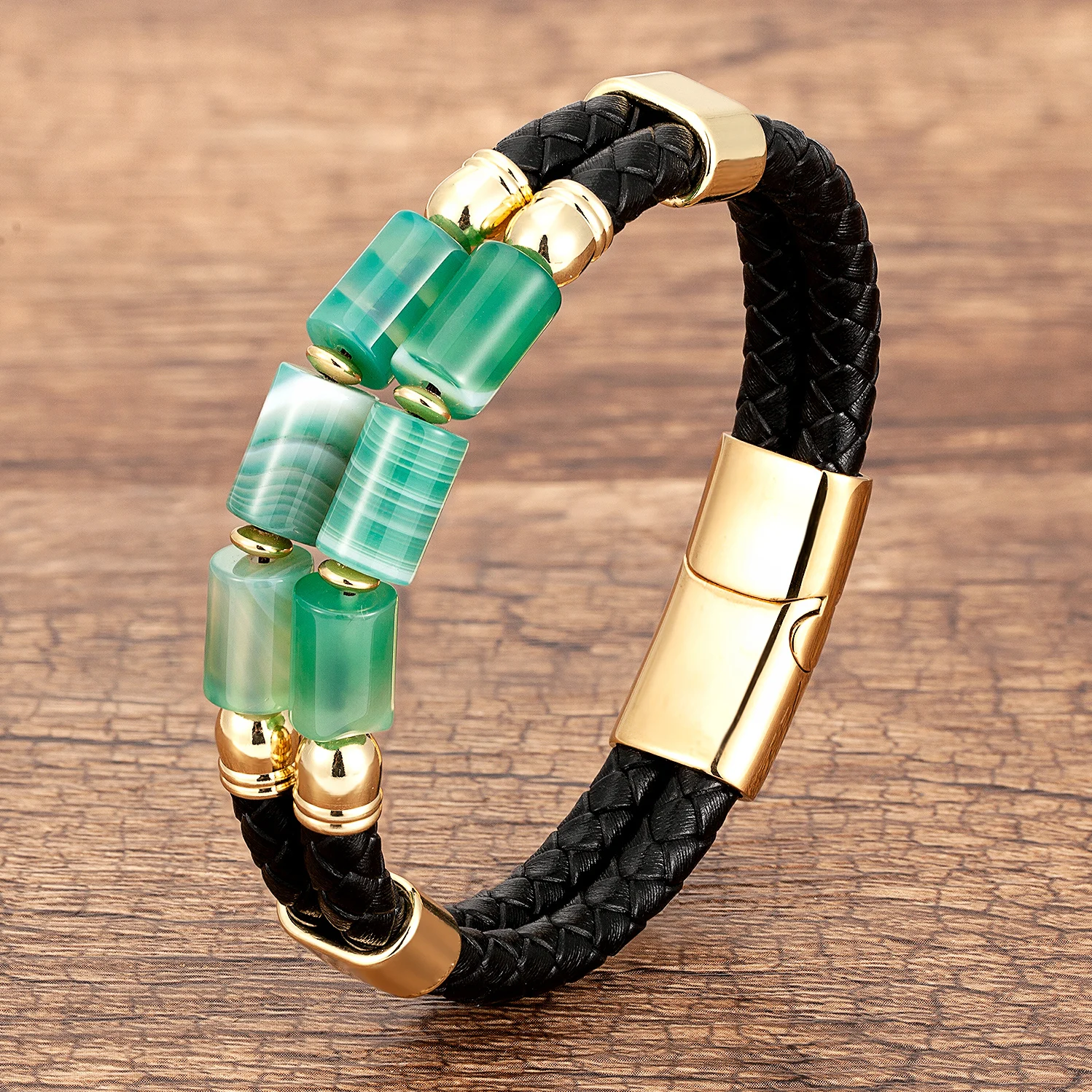 Luxury Double Row Stone Bracelets & Bangles Women Natural Beaded Bracelet Stainless Steel Clasp Multilayer Leather Men’s Jewelry