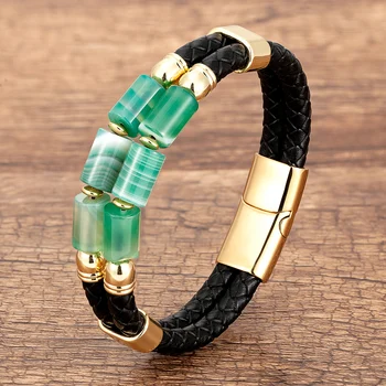 Luxury Double Row Stone Bracelets & Bangles Women Natural Beaded Bracelet Stainless Steel Clasp Multilayer Leather Men’s Jewelry