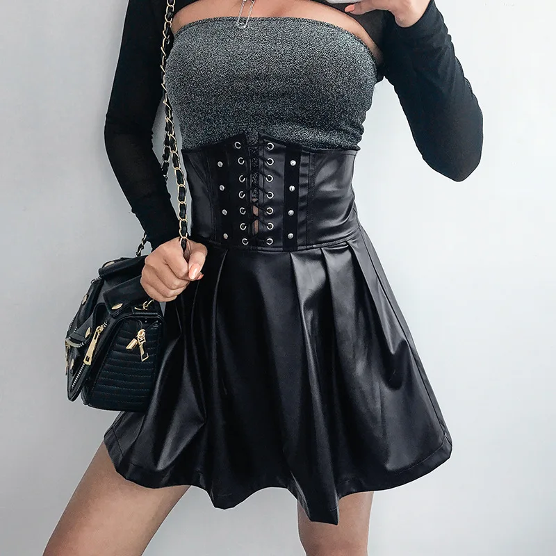 Женские юбки готика, Харадзюку с повязкой из искусственной кожи, корейские модные черные плиссированные мини-юбки летние вечерние из искусственной кожи Saias