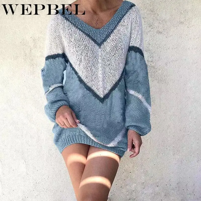 

WEPBEL New Style Autumn and Winter V-neck Geometric Loose Sweater Women's Long-Sleeved Printed Fashion Long Sweater