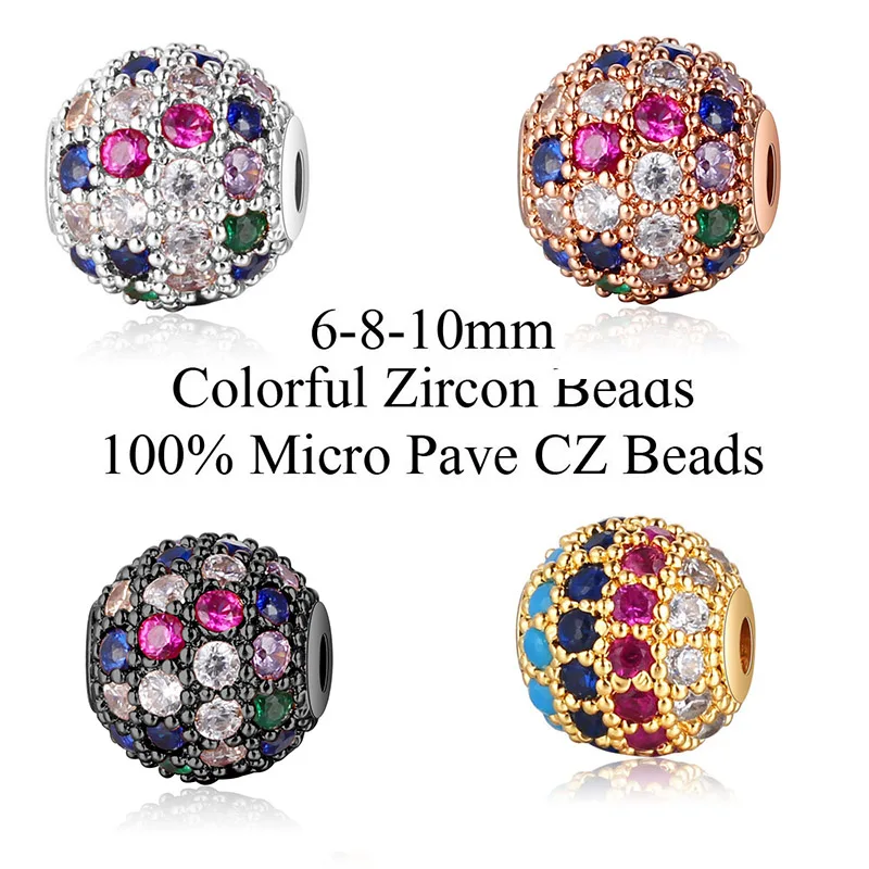 

2pcs/lot Colorful CZ Zircon Paved Round Loose Brass Beads 6mm 8mm 10mm High Quality Plating Copper Spacer Beads DIY Jewelry Make