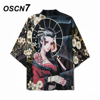 

OSCN7 Printed Kimono Cardigan Shirt Men 2020 Japanese Streetwear Three Quarter Sleeve Coat Shirts Harujuku Mens Shirt 6045
